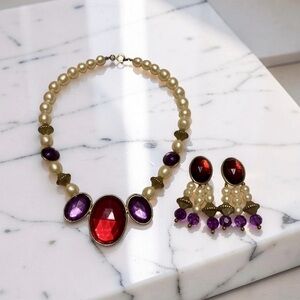 Rare Vintage Cranberry & Grapes Gemstones Faux Pearl Necklace & Earrings